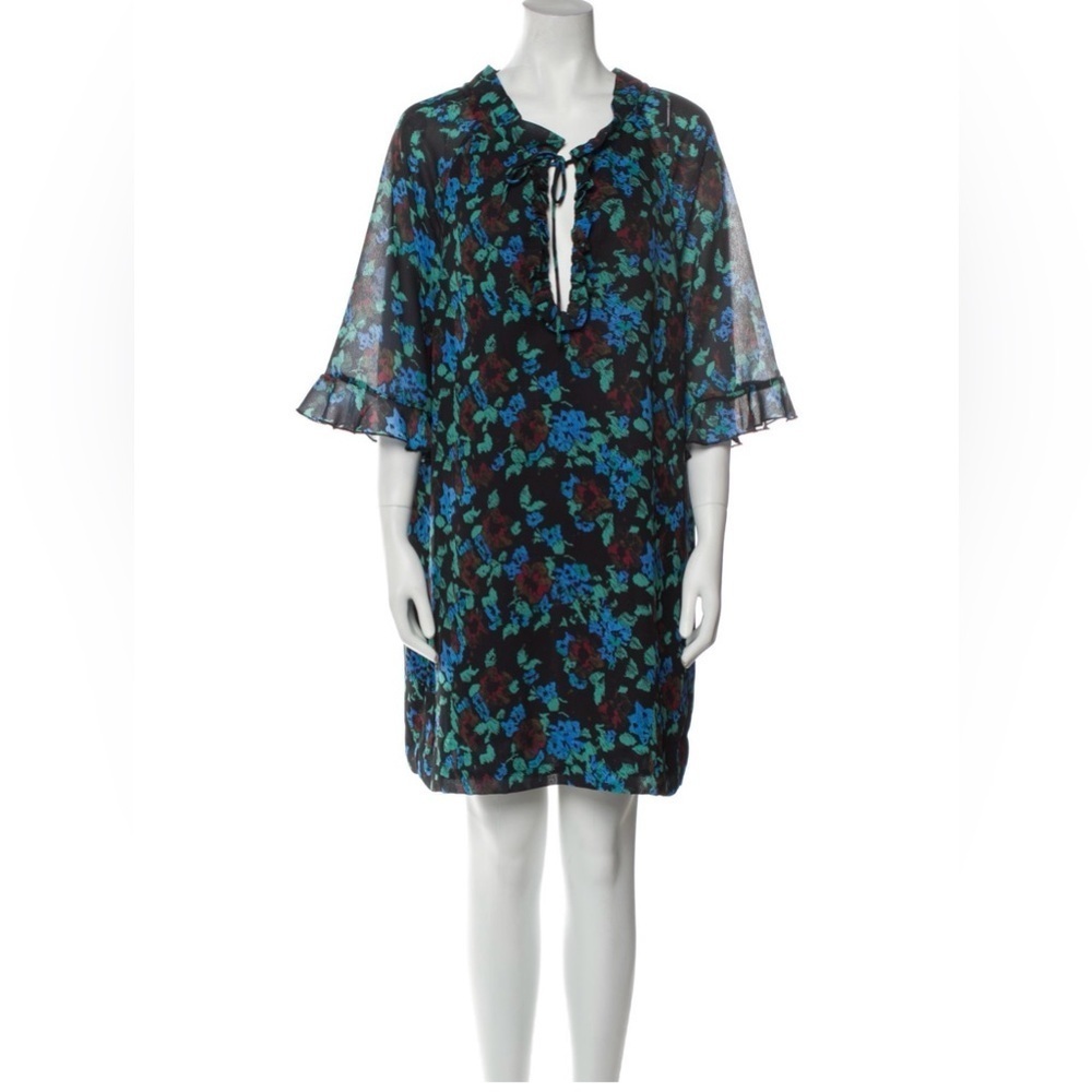 Ganni Printed Light Crepe Ruffle V-Neck Raglan Dress in Meadow Azure Blue 34